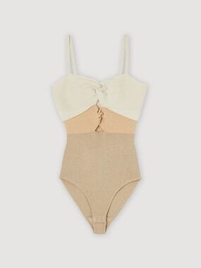 Sandro Colorblock Knitted Bodysuit in Ivory, Beige, Tan